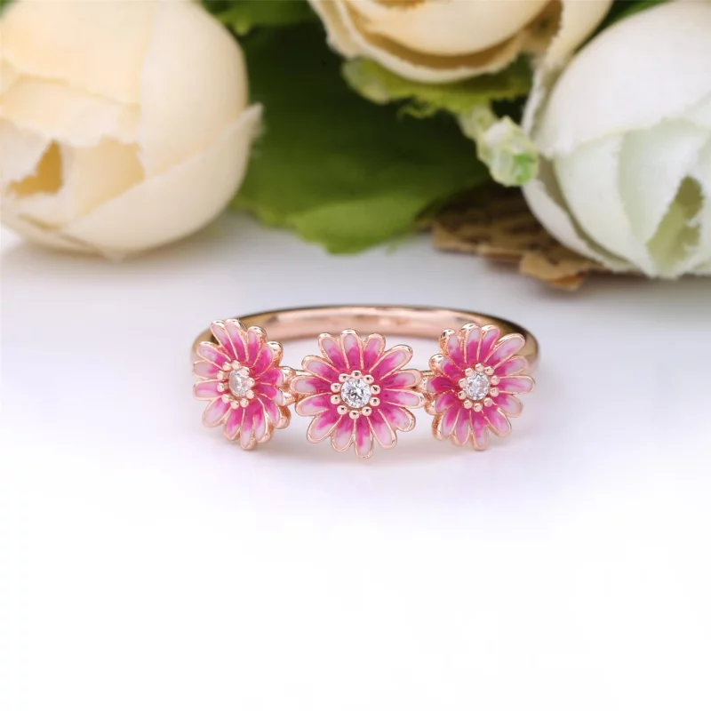 (תמונה ל-) פנדורה טבעת Pink Daisy Flower Trio - 188792C01 - הצג 3