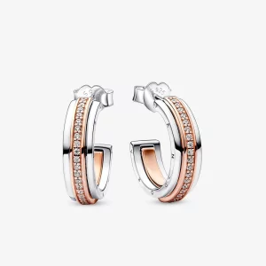 (תמונה ל-) Pandora Signature דו גוונים לוגו ועגילי Pavé Hoop - 282737C01