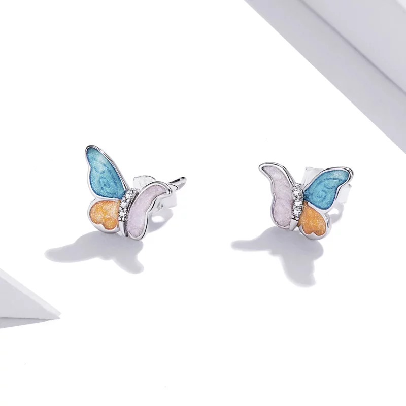 (תמונה ל-) פנדורה סטייל עגילי כסף צמודים פרפר עם שלושה צבעים - SCE1156 - הצג 2