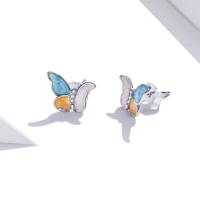 (תמונה ל-) פנדורה סטייל עגילי כסף צמודים פרפר עם שלושה צבעים - SCE1156 - הצג 3