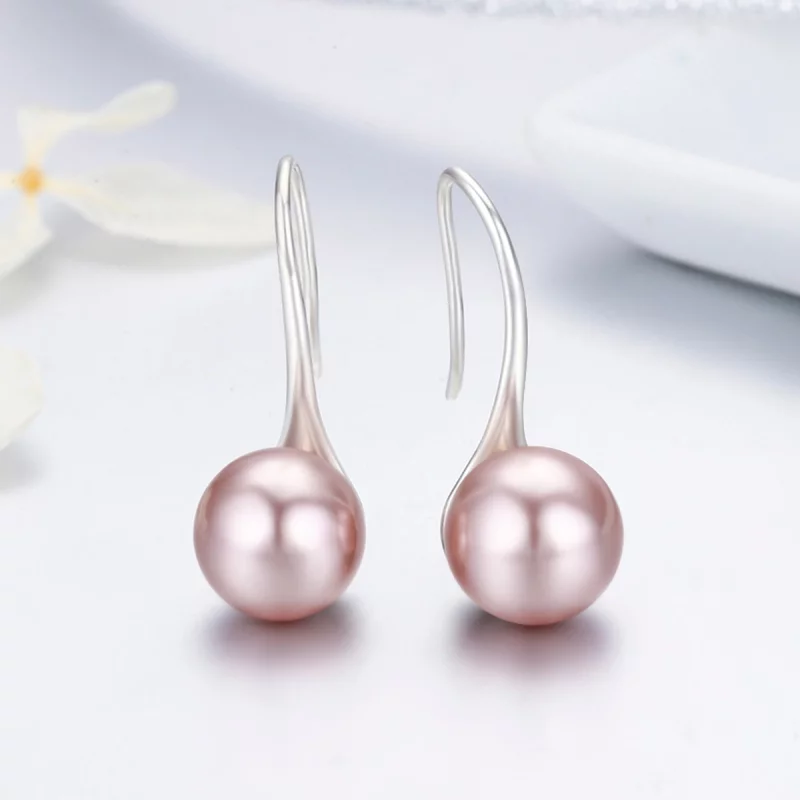 (תמונה ל-) פנדורה סטייל עגילי כסף תלויים ורוד פנינה - SCE145 - הצג 5
