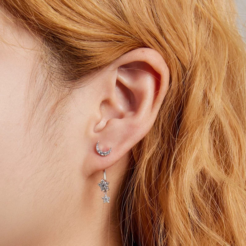 (תמונה ל-) פנדורה סטייל עגילי טיפה כסף כוכב וירח מעודנים - SCE1395 - הצג 6