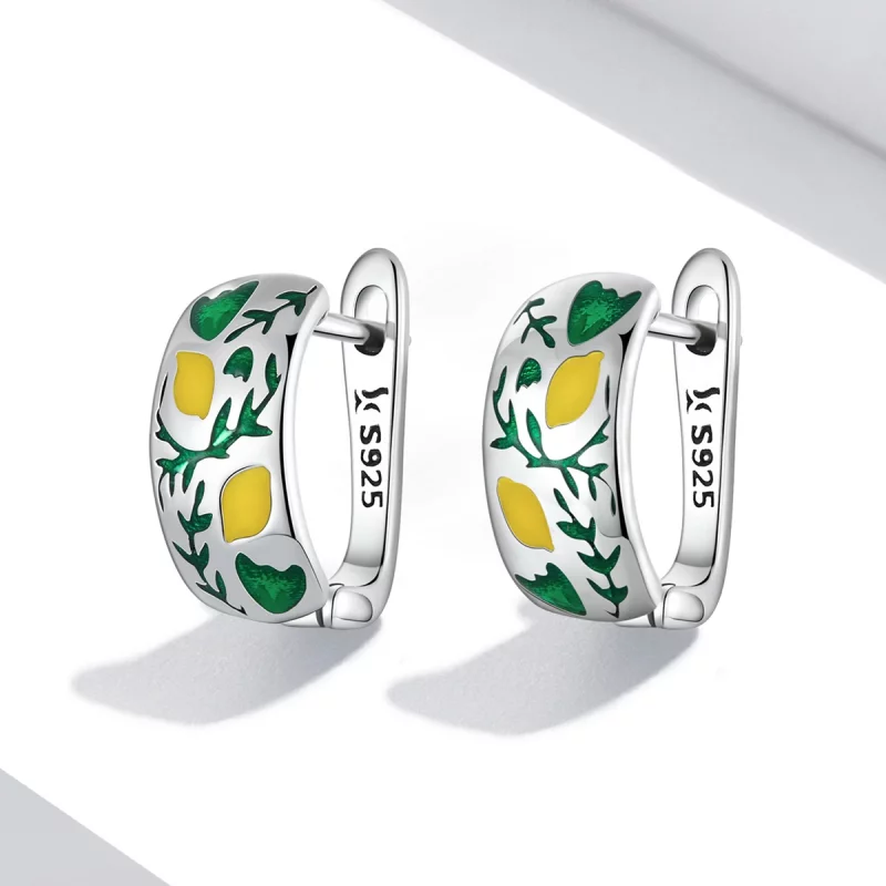 (תמונה ל-) פנדורה סטייל עגילי חישוק כסף לימון עלה ירוק - SCE1376 - הצג 2