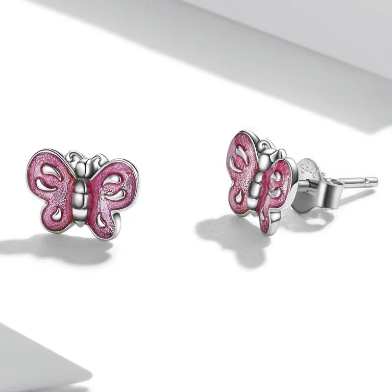 (תמונה ל-) פנדורה סטייל עגילי כסף פרפר ורוד - SCE1344 - הצג 3