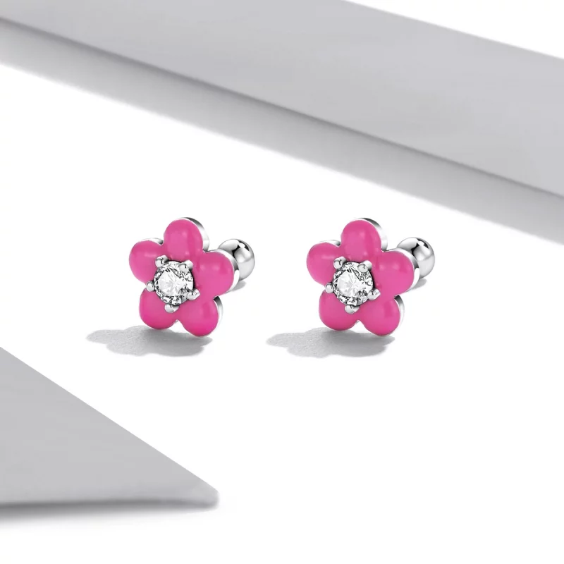 (תמונה ל-) פנדורה סטייל עגילי כסף פרחים ורודים פלואורסצנטיים - SCE1353 - הצג 4